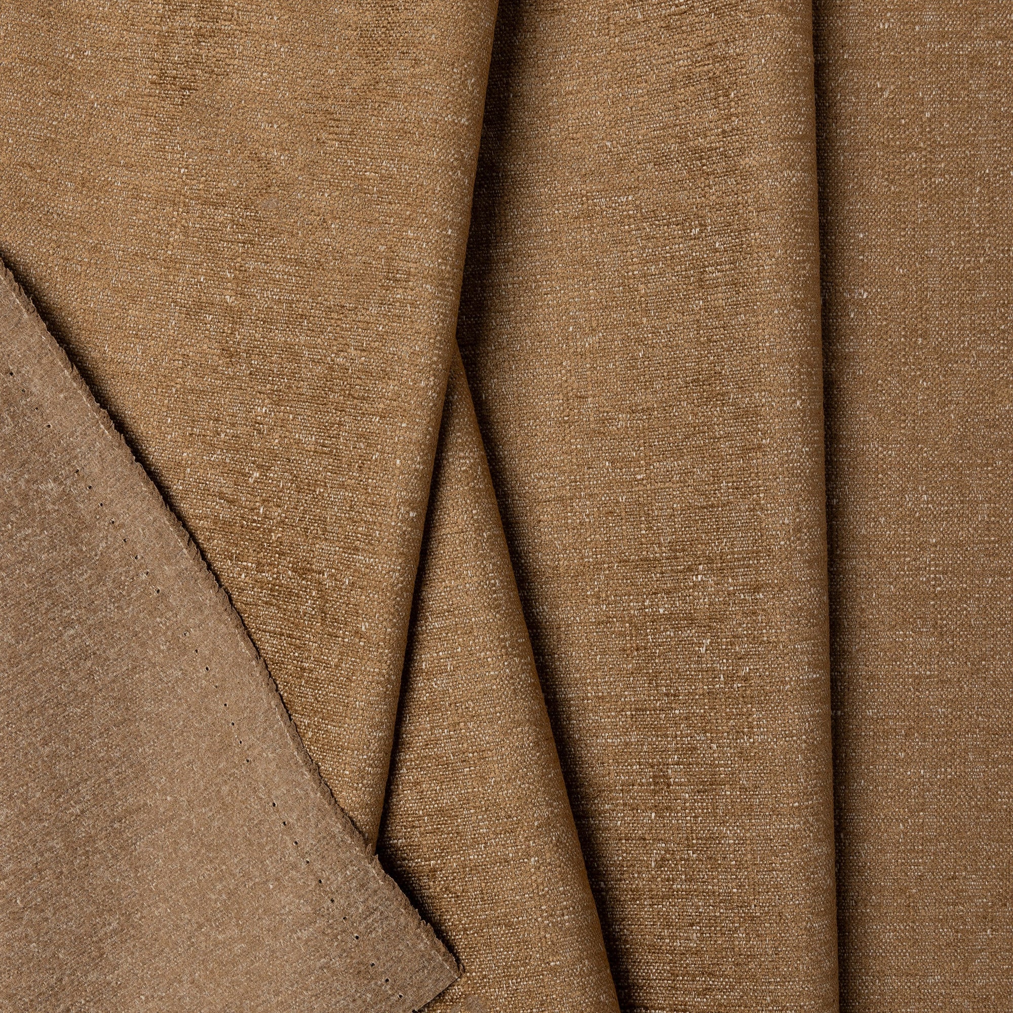 Brown chenille upholstery fabric by the yard, folded showing drape and weight