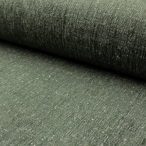 Green chenille upholstery fabric by the yard, rolled bolt view
