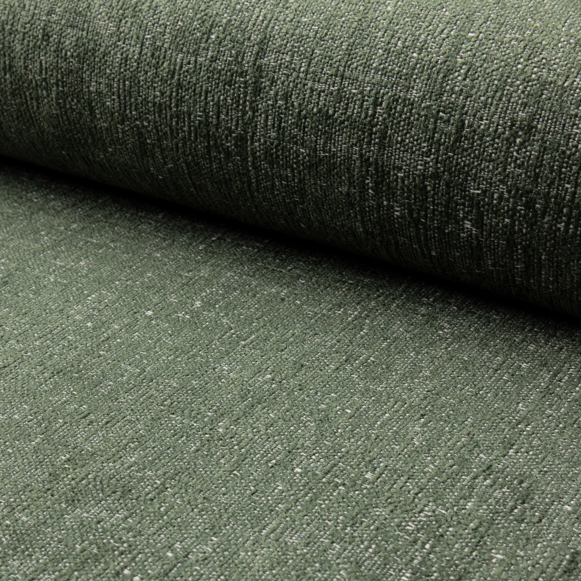 Green chenille upholstery fabric by the yard, rolled bolt view