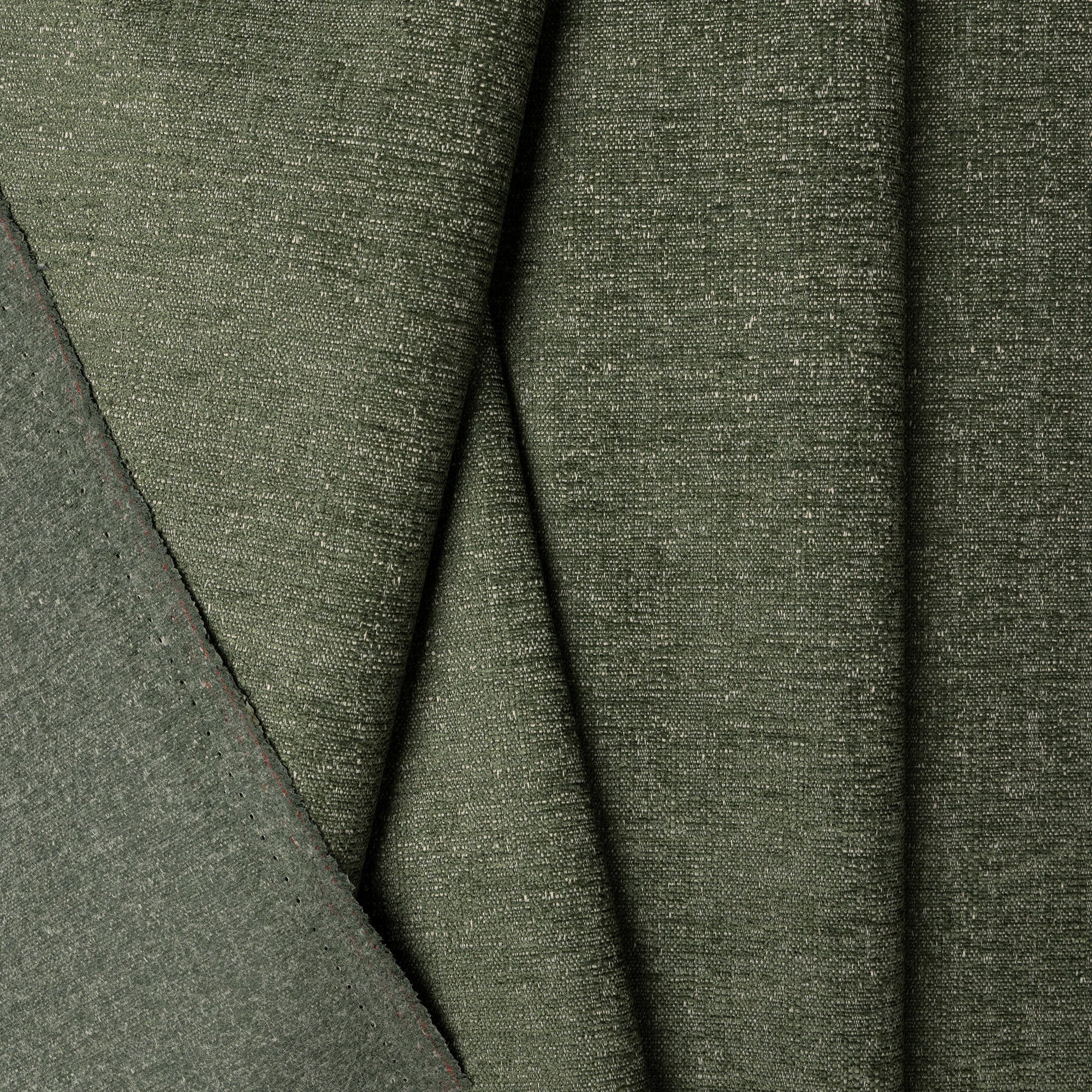 Green chenille upholstery fabric by the yard, folded showing drape and weight