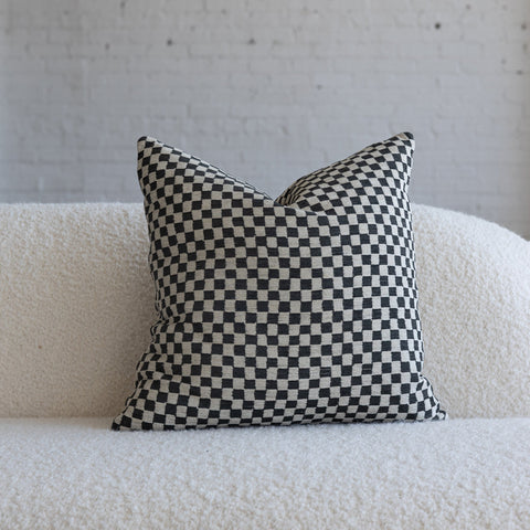 Black and ivory checkerboard chenille jacquard throw pillow, 20-inch square