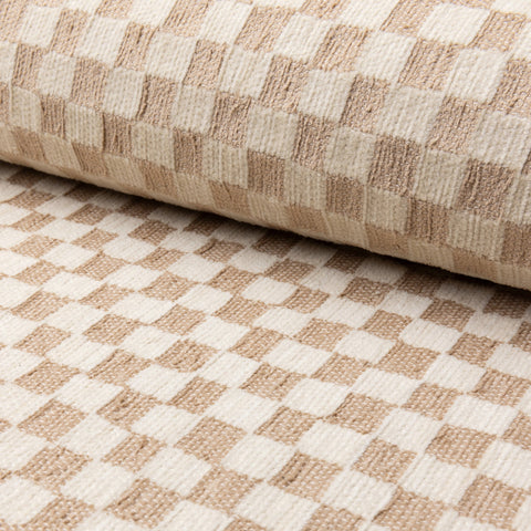 Cream and tan checkerboard jacquard upholstery fabric by the yard, rolled bolt view