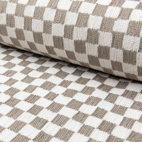 Light gray and cream checkerboard jacquard upholstery fabric by the yard, rolled bolt view