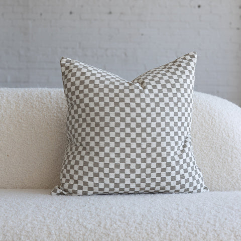 Light gray and cream checkerboard chenille jacquard throw pillow, 20-inch square