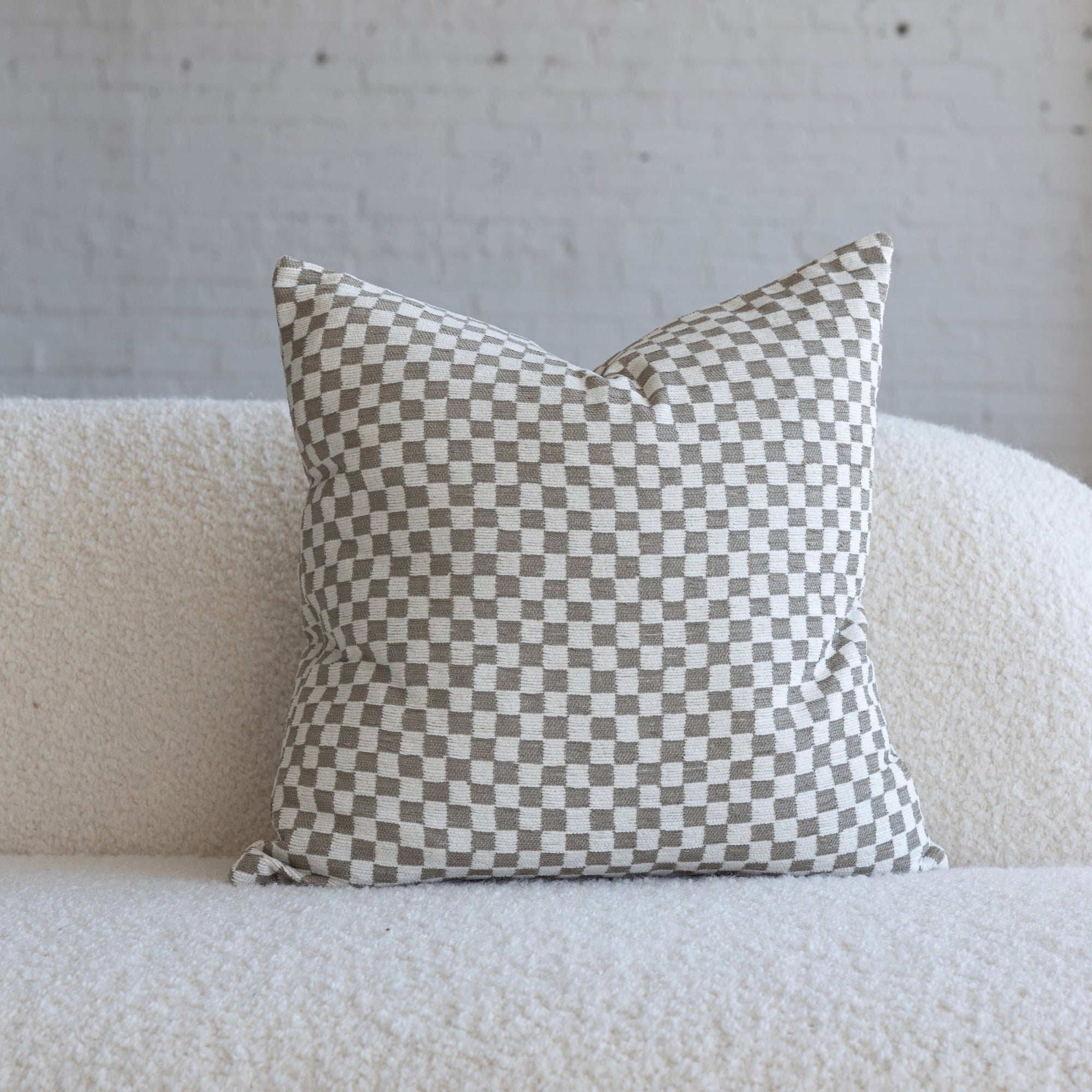 Light gray and cream checkerboard chenille jacquard throw pillow, 20-inch square