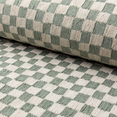 Olive green and cream checkerboard jacquard upholstery fabric by the yard, rolled bolt view