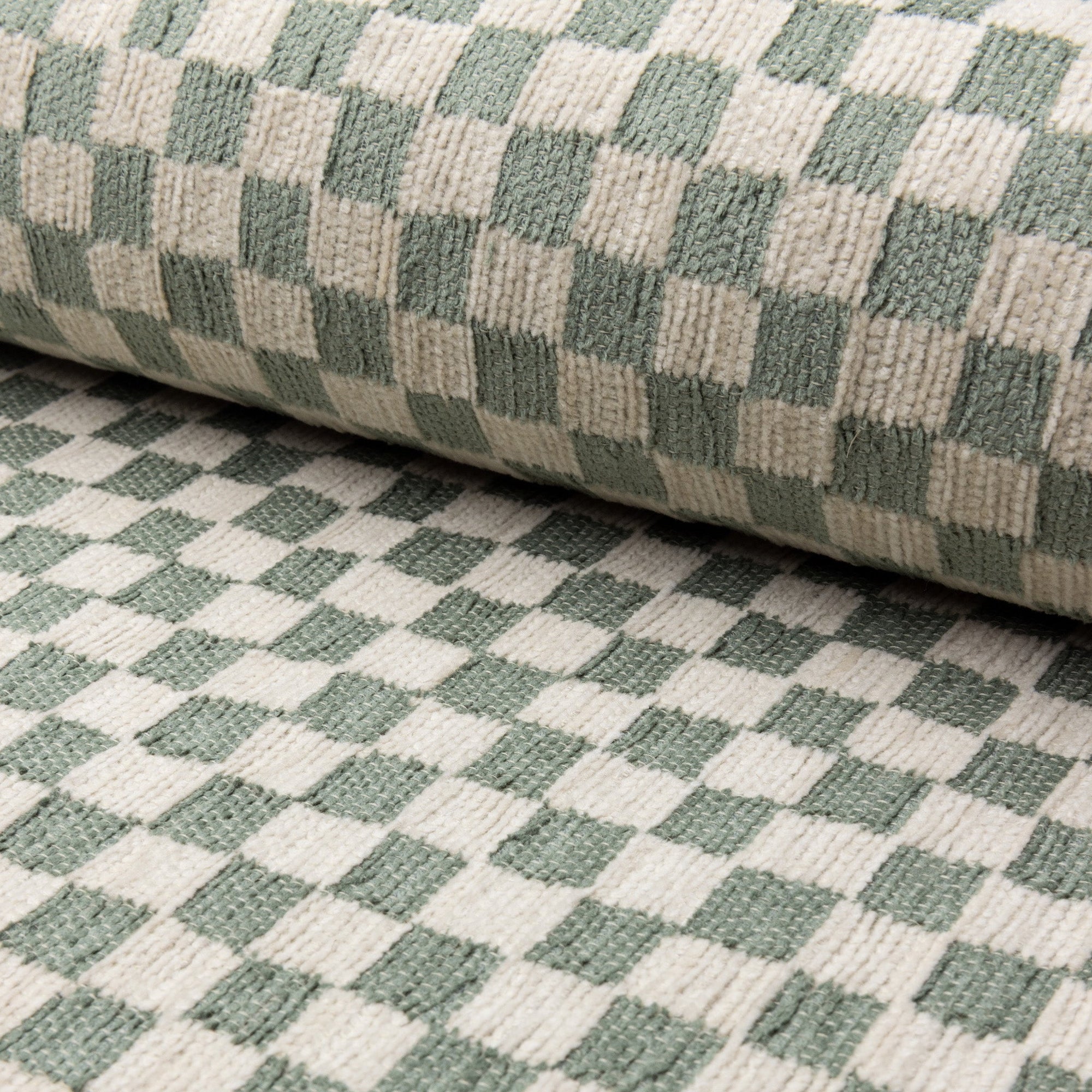 Olive green and cream checkerboard jacquard upholstery fabric by the yard, rolled bolt view