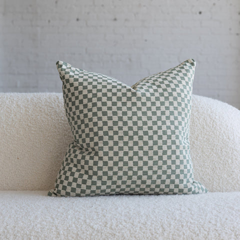 Olive green and cream checkerboard chenille jacquard throw pillow, 20-inch square