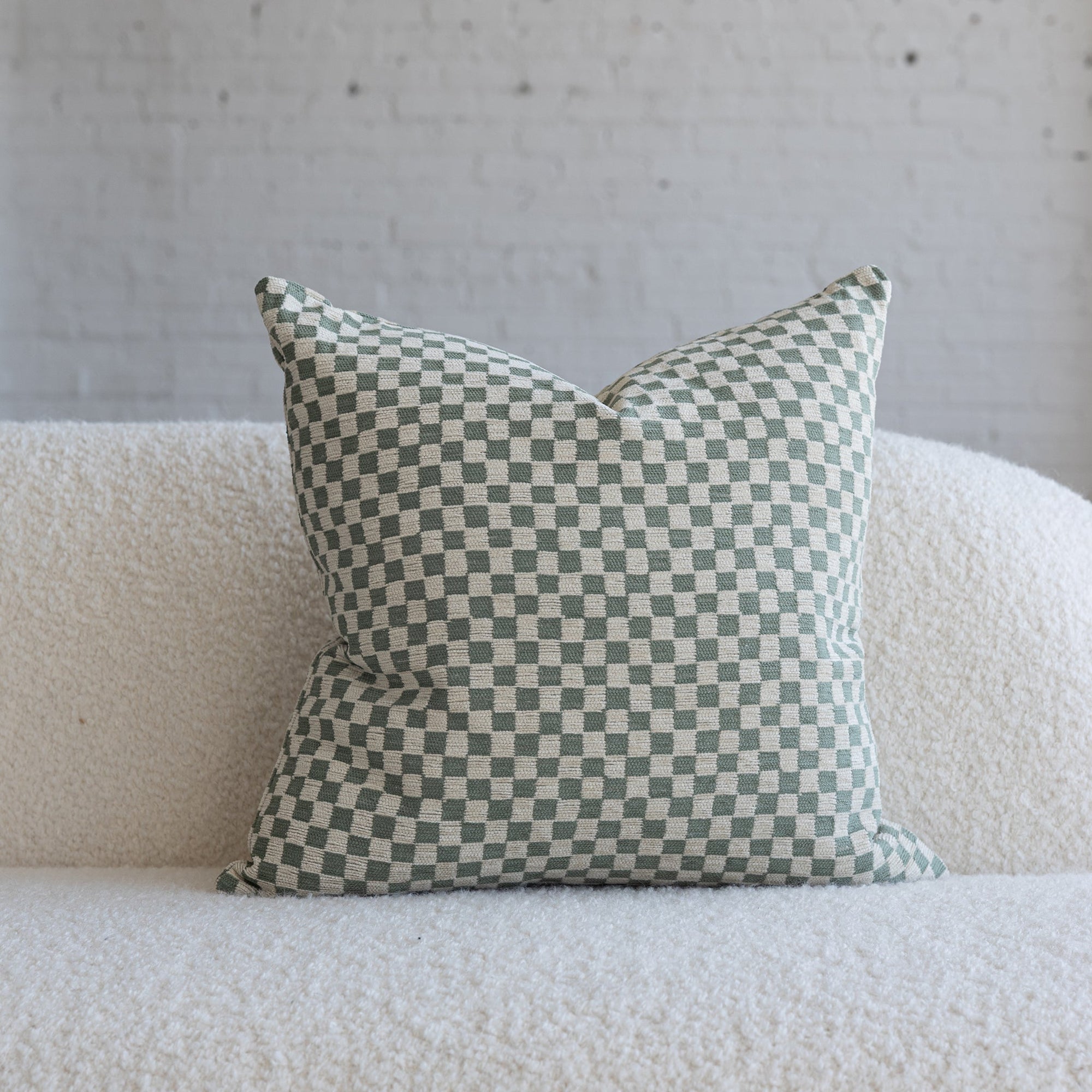 Olive green and cream checkerboard chenille jacquard throw pillow, 20-inch square