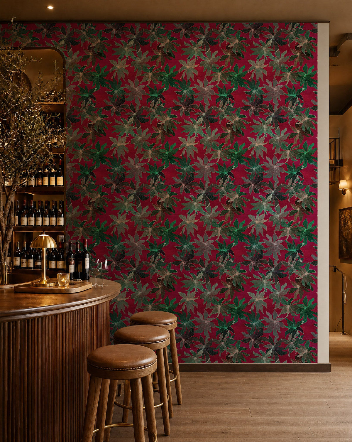 Green and pink floral on fuchsia commercial wallcovering installed behind a wine bar