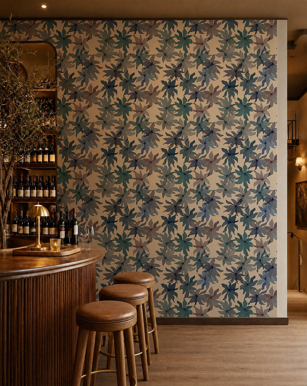 Blue watercolor floral on cream commercial wallcovering installed behind a wine bar