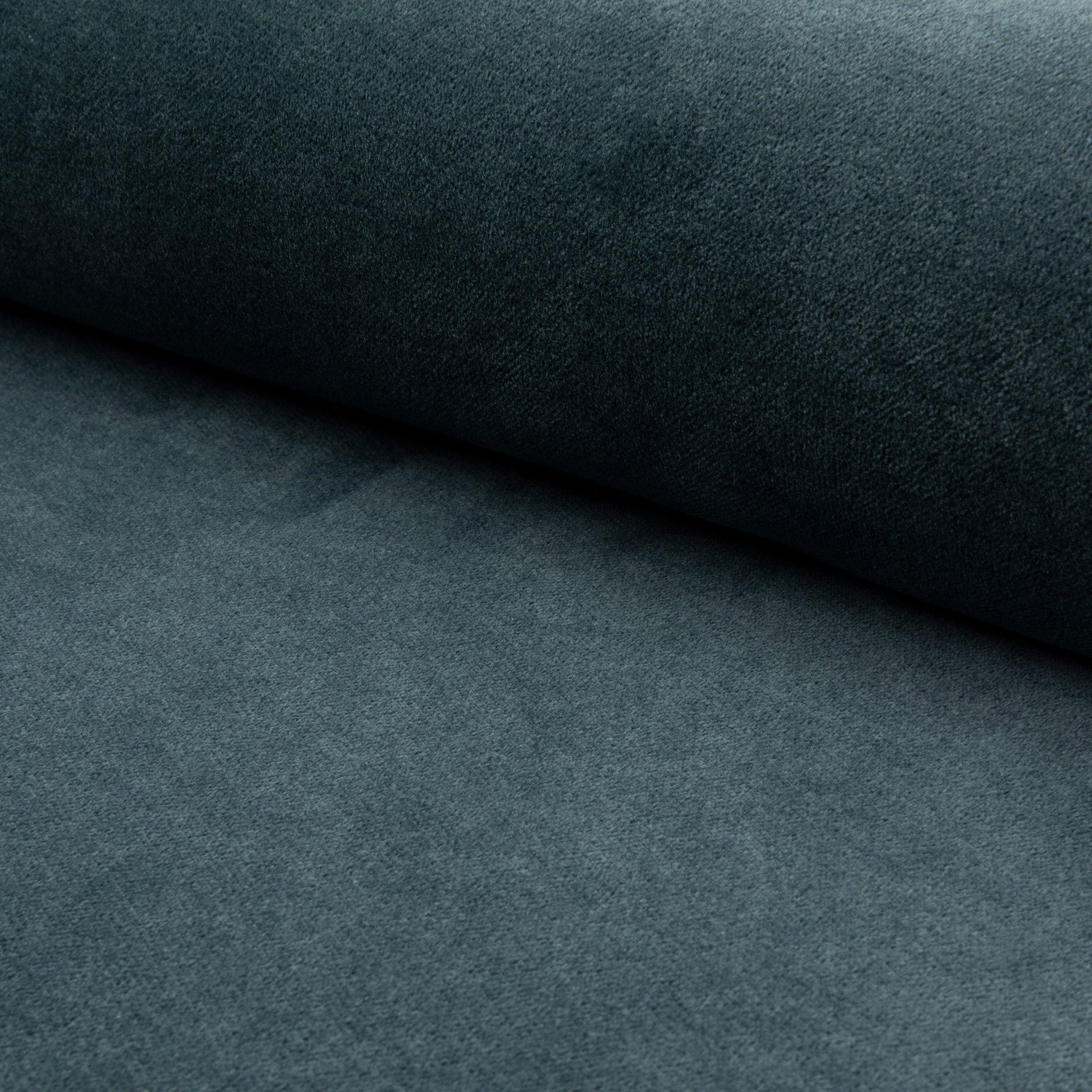 Blue-green velveteen upholstery fabric by the yard, rolled bolt view