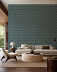 Aqua stippled geometric wallpaper installed in a modern living room