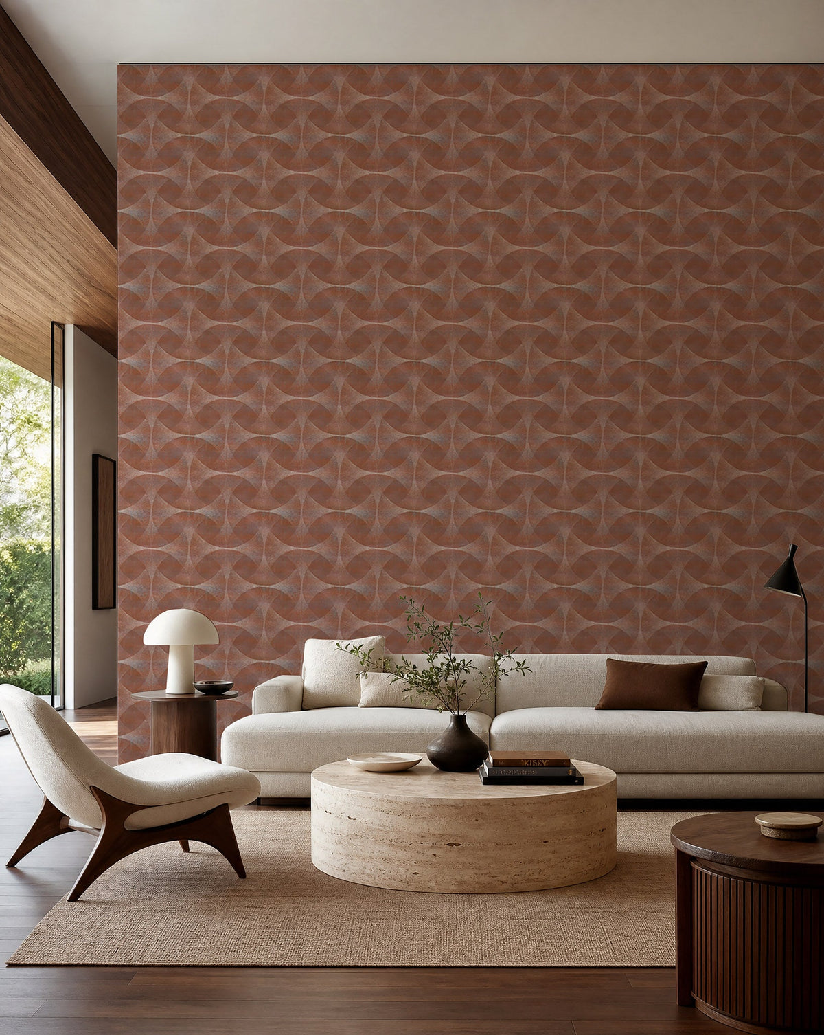 Terracotta stippled geometric wallpaper installed in a modern living room