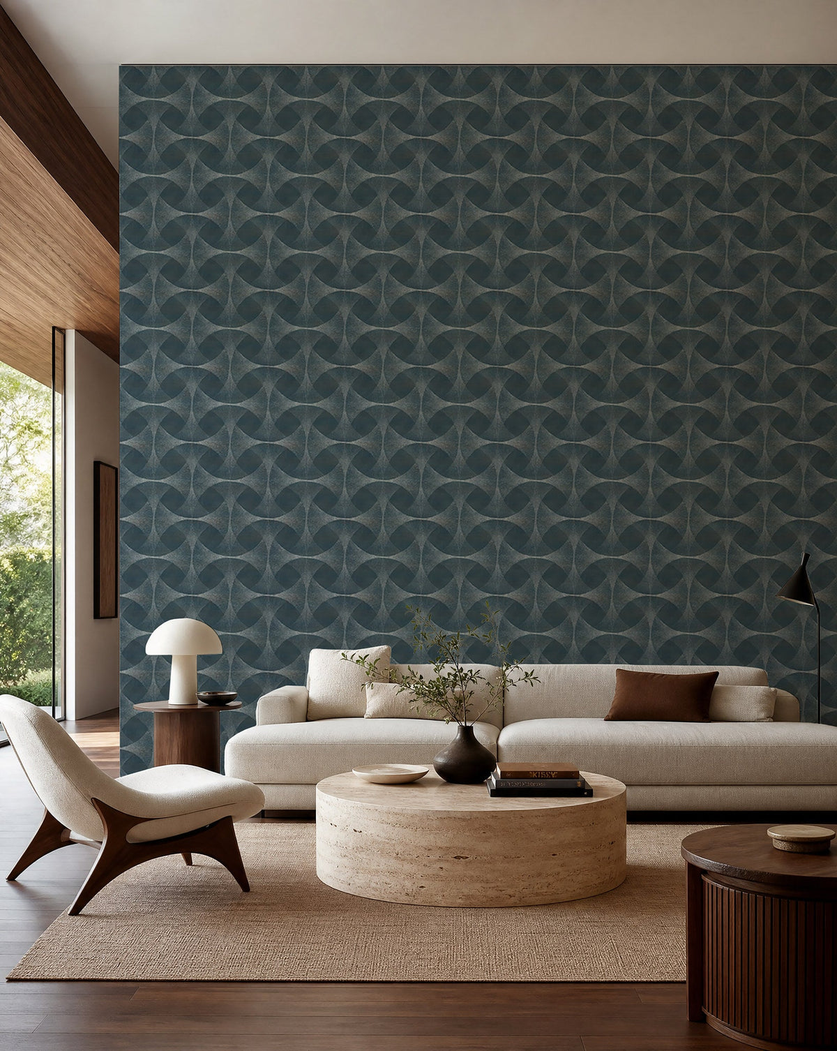 Deep teal stippled geometric commercial wallcovering installed in a modern living room
