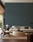 Deep teal stippled geometric commercial wallcovering installed in a modern living room