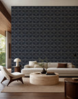 Navy stippled geometric commercial wallcovering installed in a modern living room
