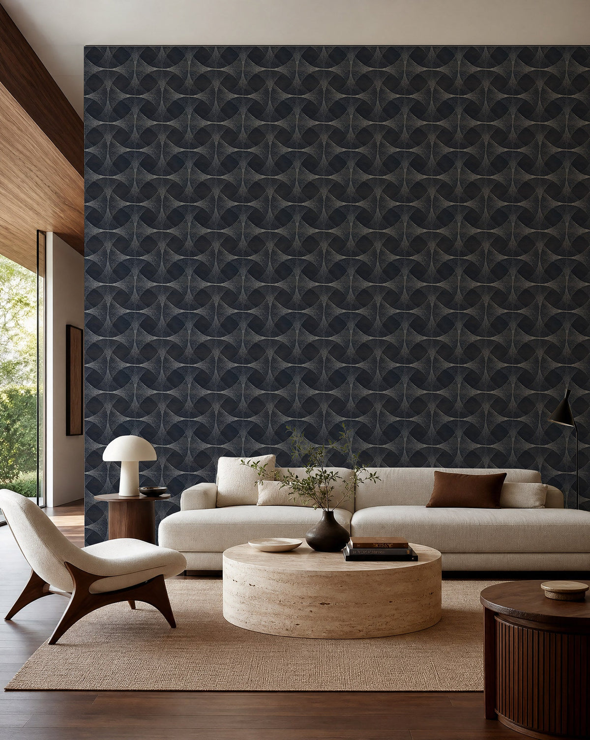 Navy stippled geometric wallpaper installed in a modern living room