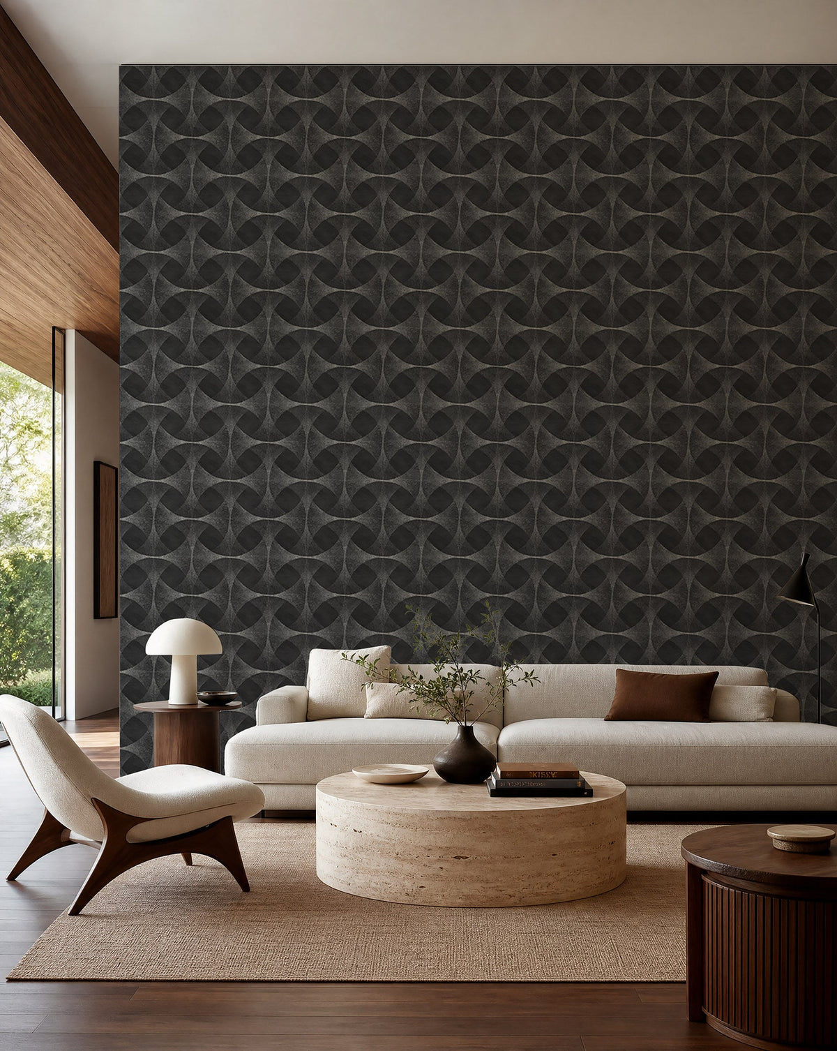 Charcoal stippled geometric commercial wallcovering installed in a modern living room