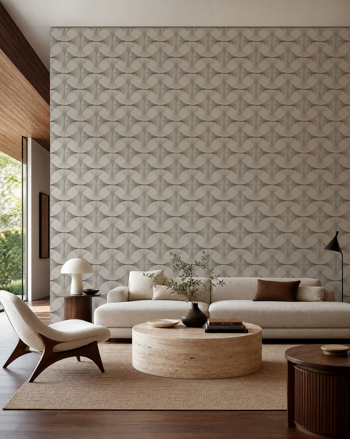 Off-white and black stippled geometric commercial wallcovering installed in a modern living room