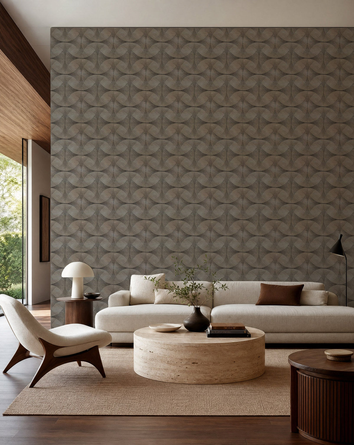 Taupe stippled geometric wallpaper installed in a modern living room