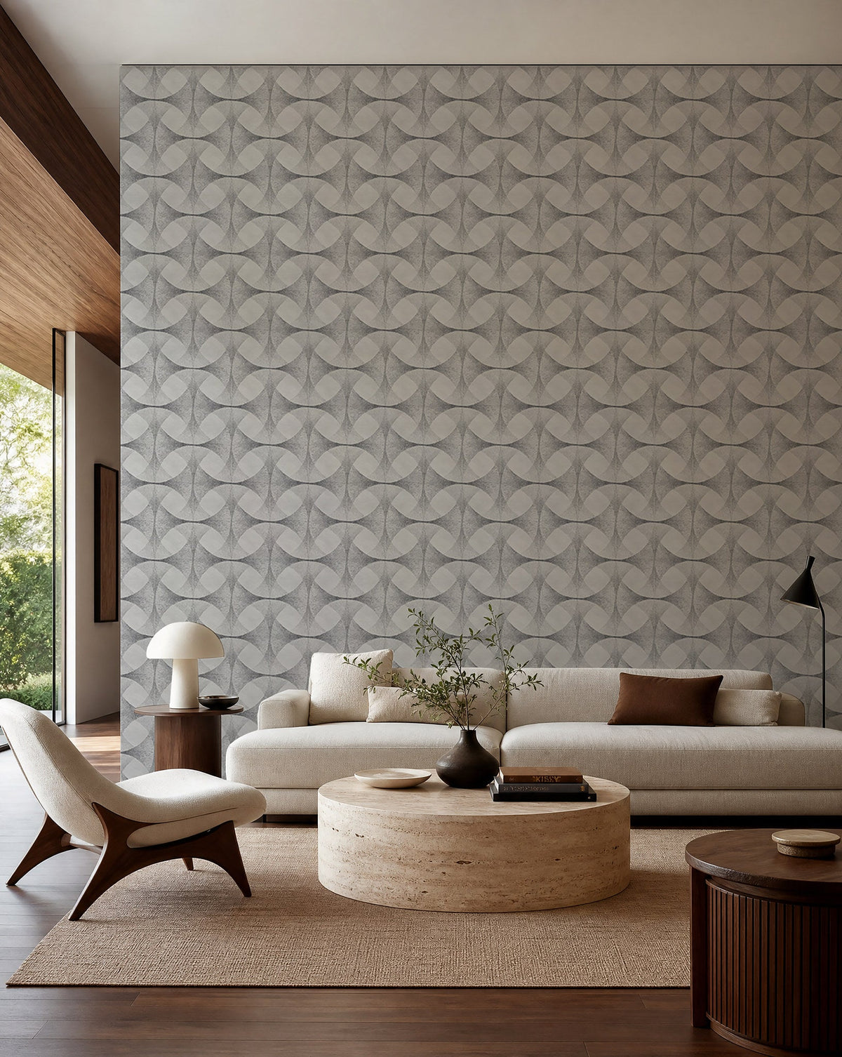 Light gray stippled geometric wallpaper installed in a modern living room