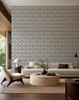 Light gray stippled geometric commercial wallcovering installed in a modern living room