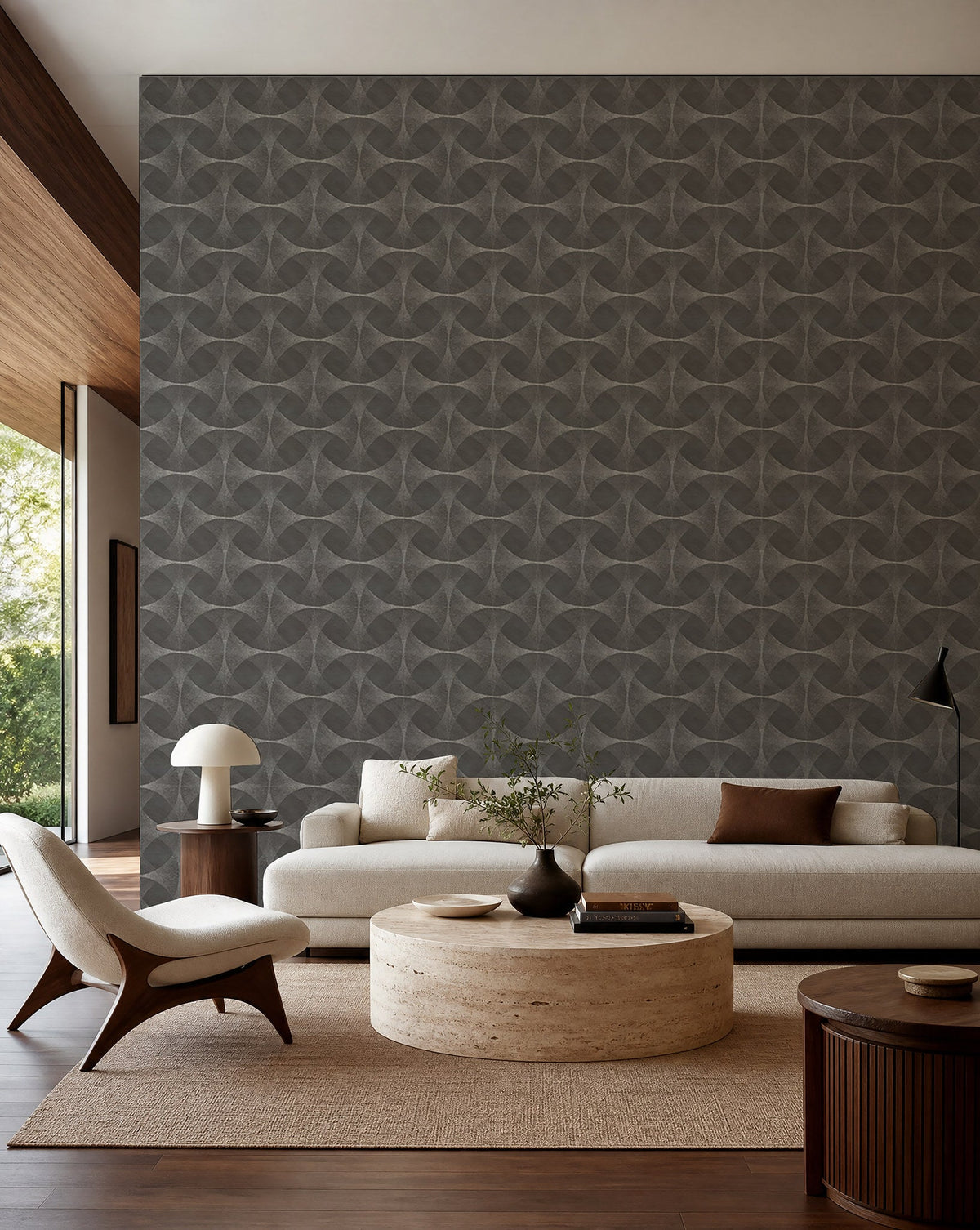Slate gray stippled geometric wallpaper installed in a modern living room