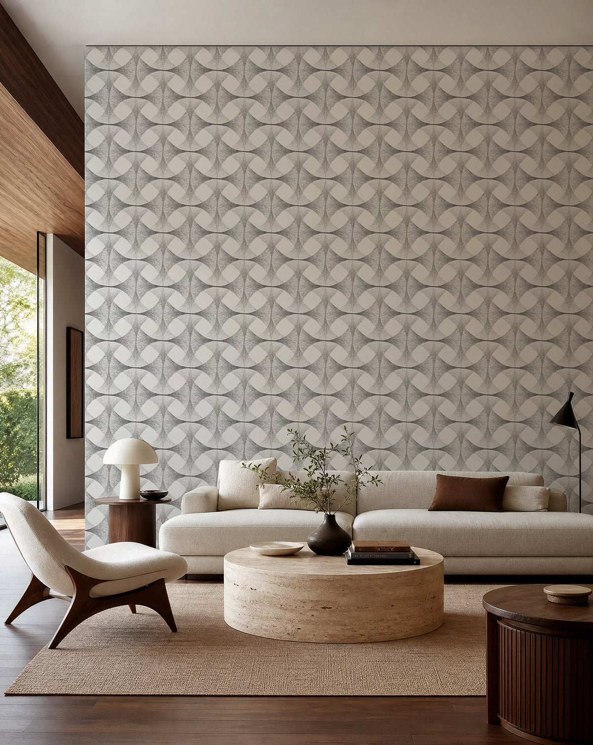 White and black stippled geometric commercial wallcovering installed in a modern living room