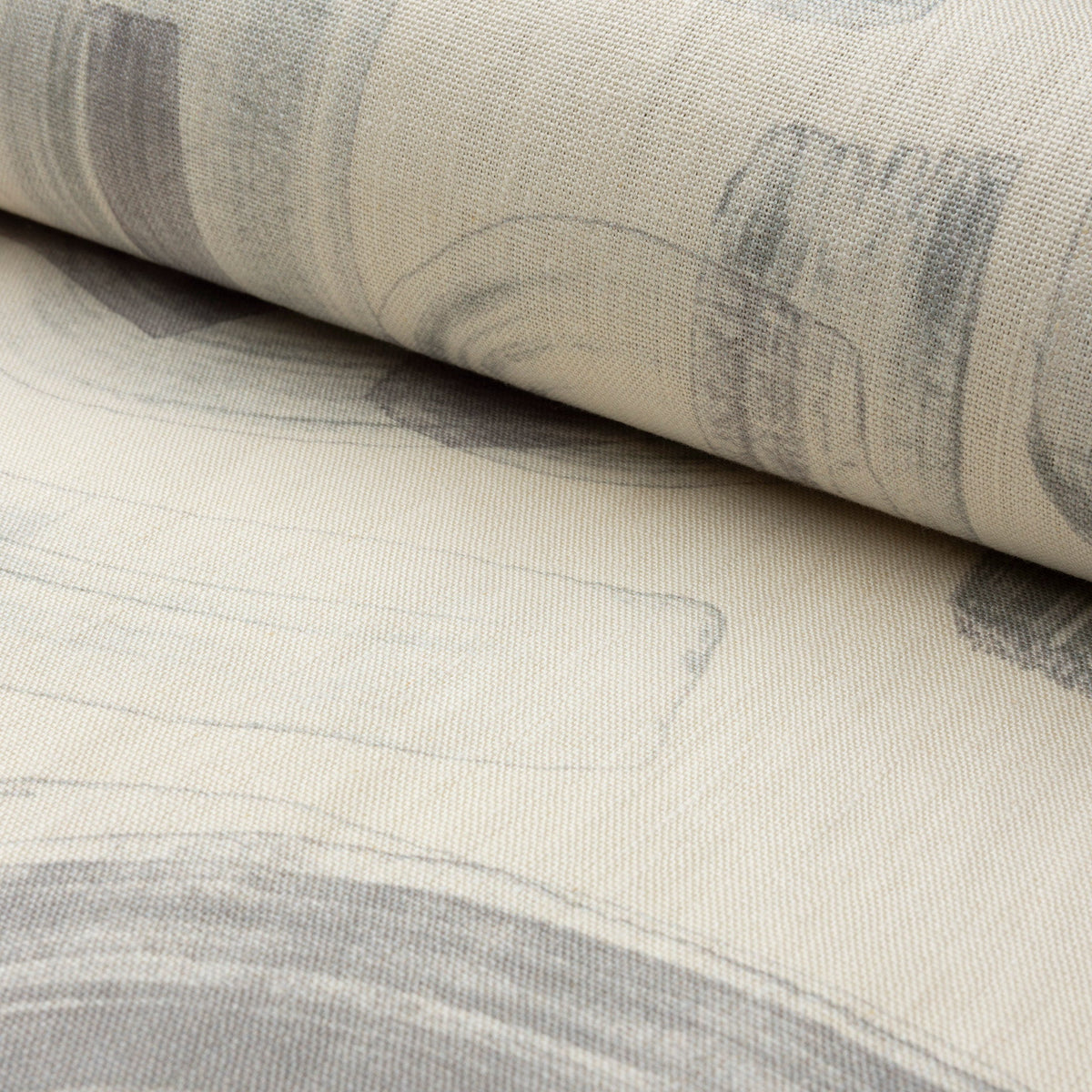 Gray and cream abstract printed linen fabric by the yard, rolled bolt view