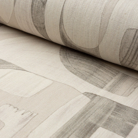 Beige and cream abstract printed linen fabric by the yard, rolled bolt view