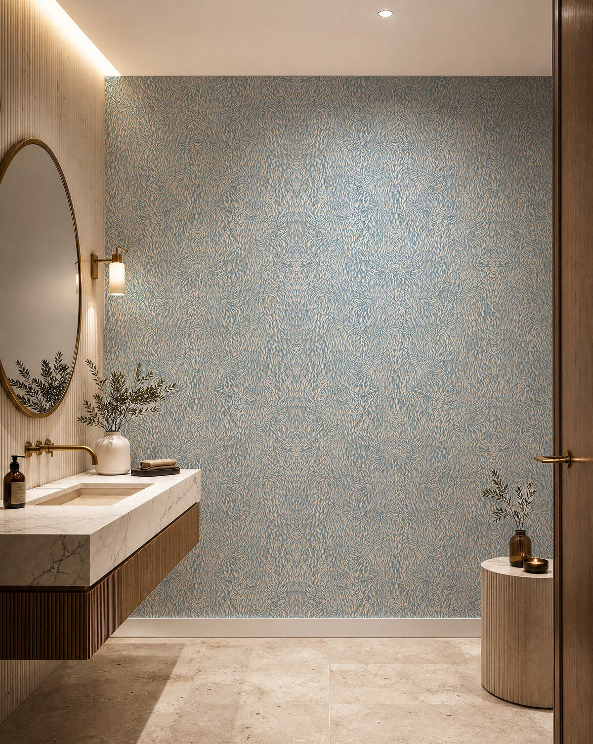 Pale blue feather print wallpaper installed in a powder room