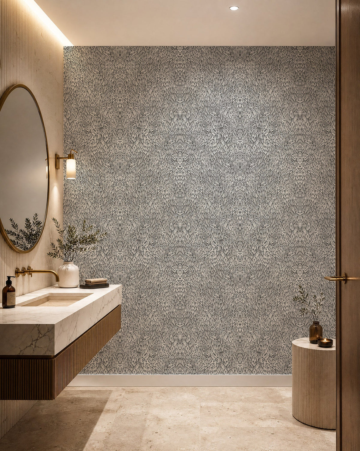 Black and white feather print wallpaper installed in a powder room