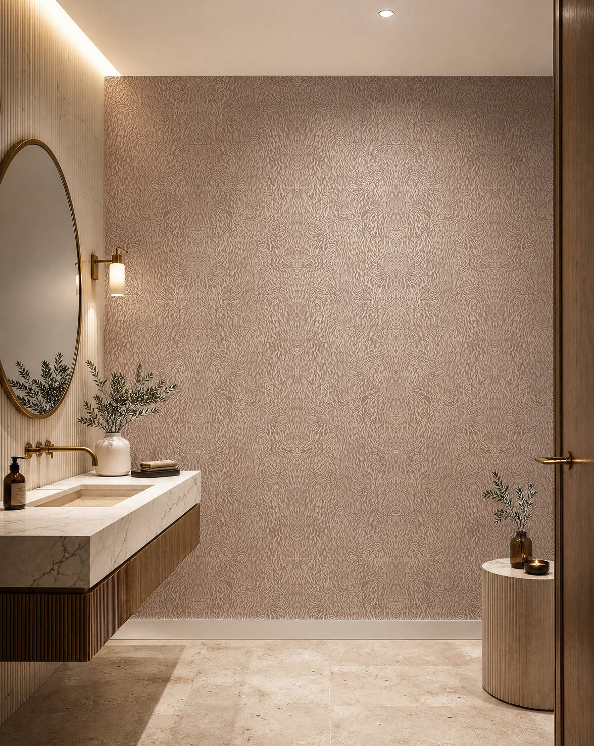 Soft taupe feather print wallpaper installed in a powder room