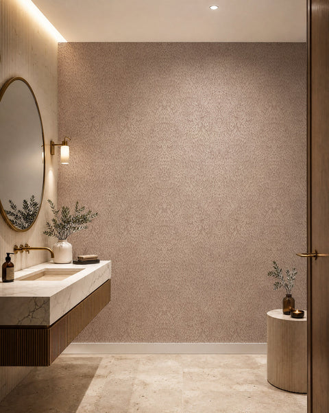 Soft taupe feather print wallpaper installed in a powder room
