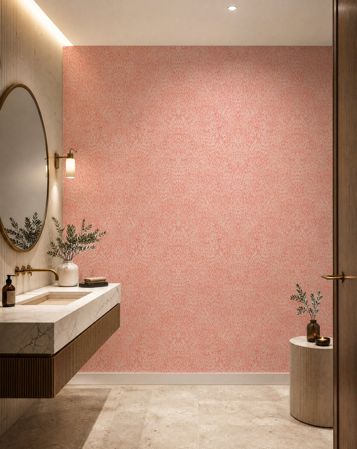 Pink feather print wallpaper installed in a powder room