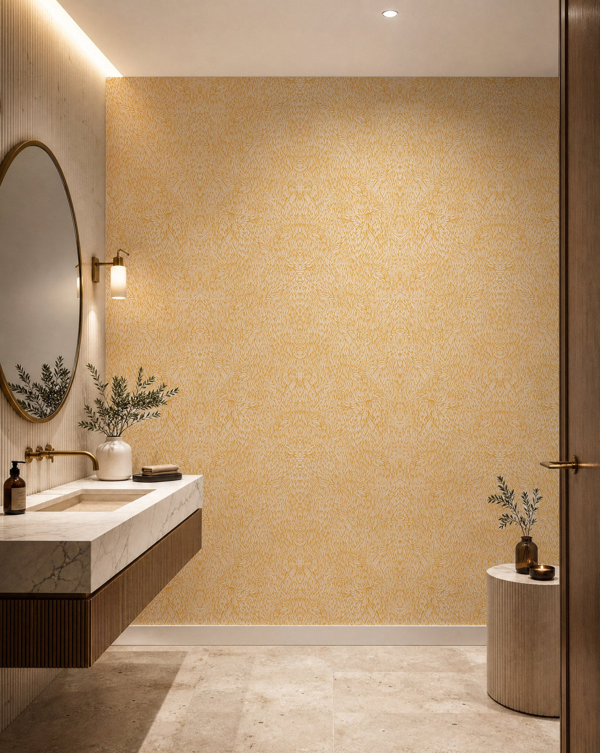 Golden yellow feather print commercial wallcovering installed in a powder room