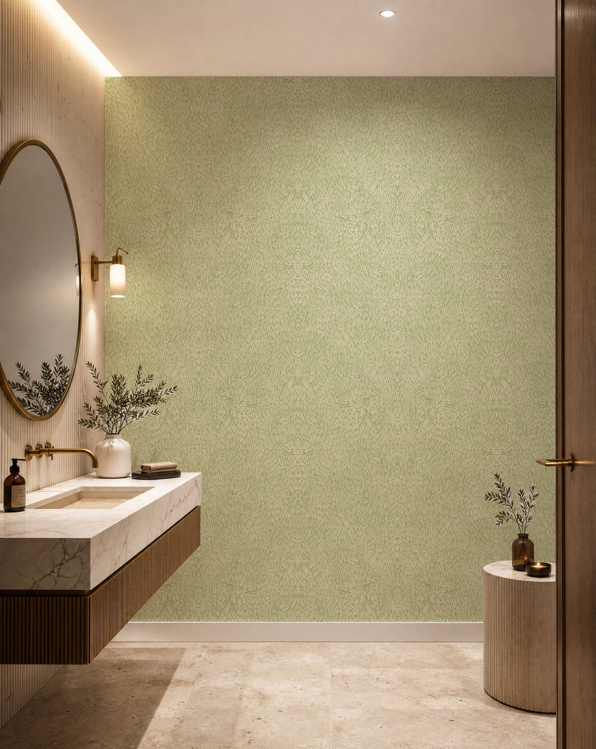 Pale green feather print commercial wallcovering installed in a powder room