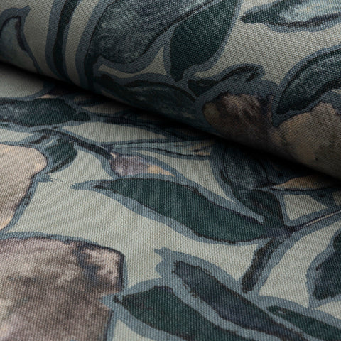 Dusky blue and coral floral printed linen fabric by the yard, rolled bolt view