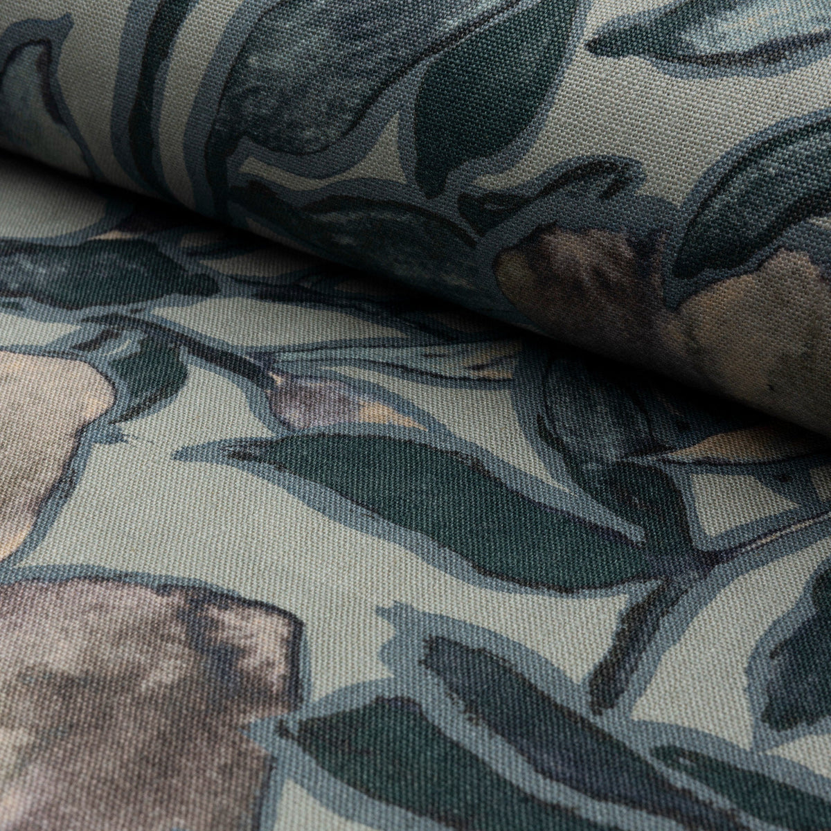 Dusky blue and coral floral printed linen fabric by the yard, rolled bolt view