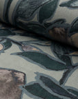 Dusky blue and coral floral printed linen fabric by the yard, rolled bolt view