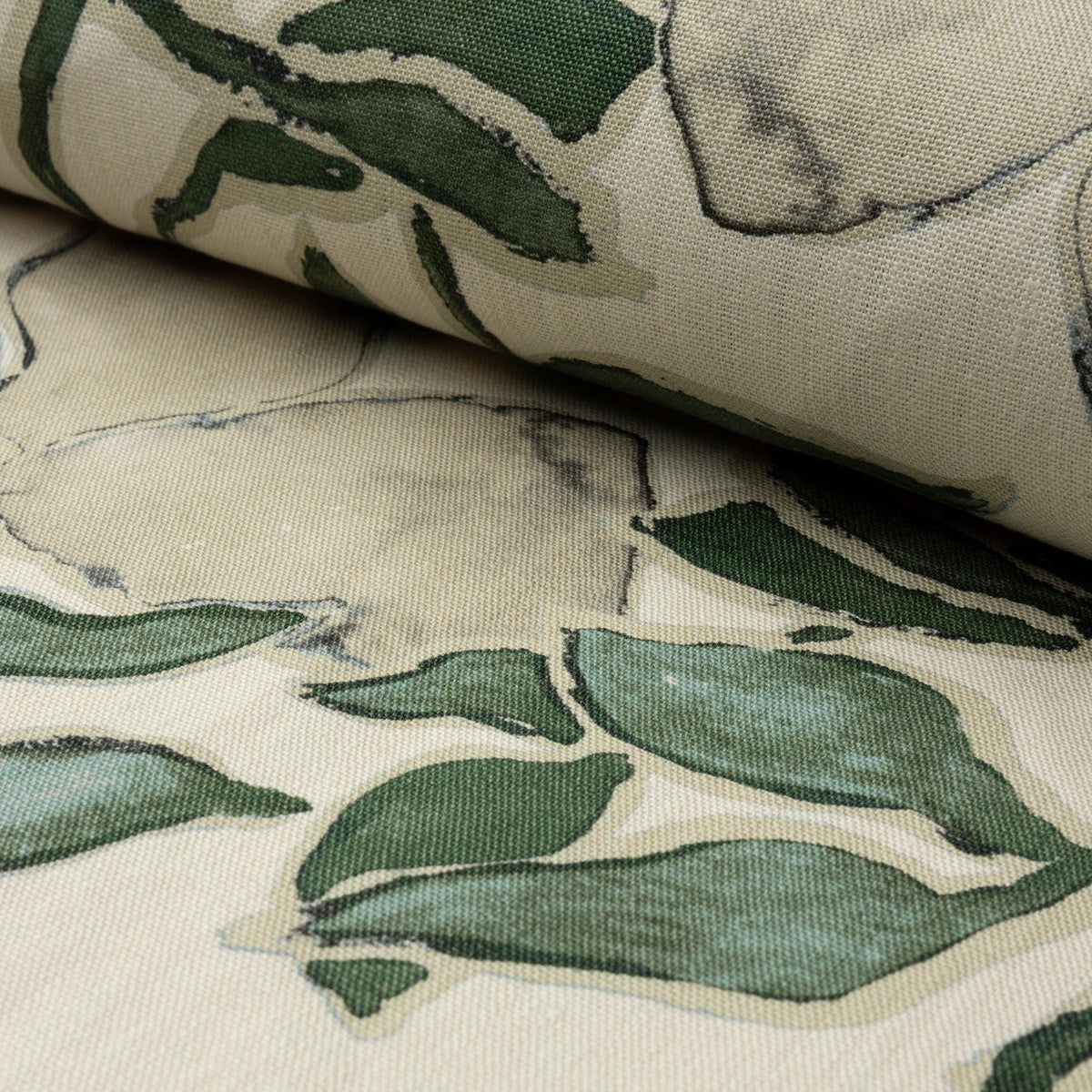 Cream and green floral printed linen fabric by the yard, rolled bolt view