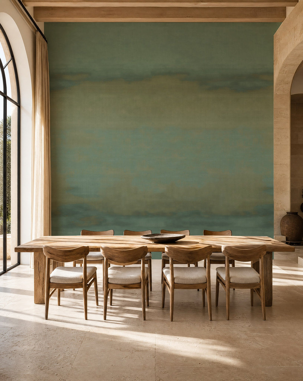 Sage green and gold ombre mural commercial wallcovering installed in a sunlit dining room