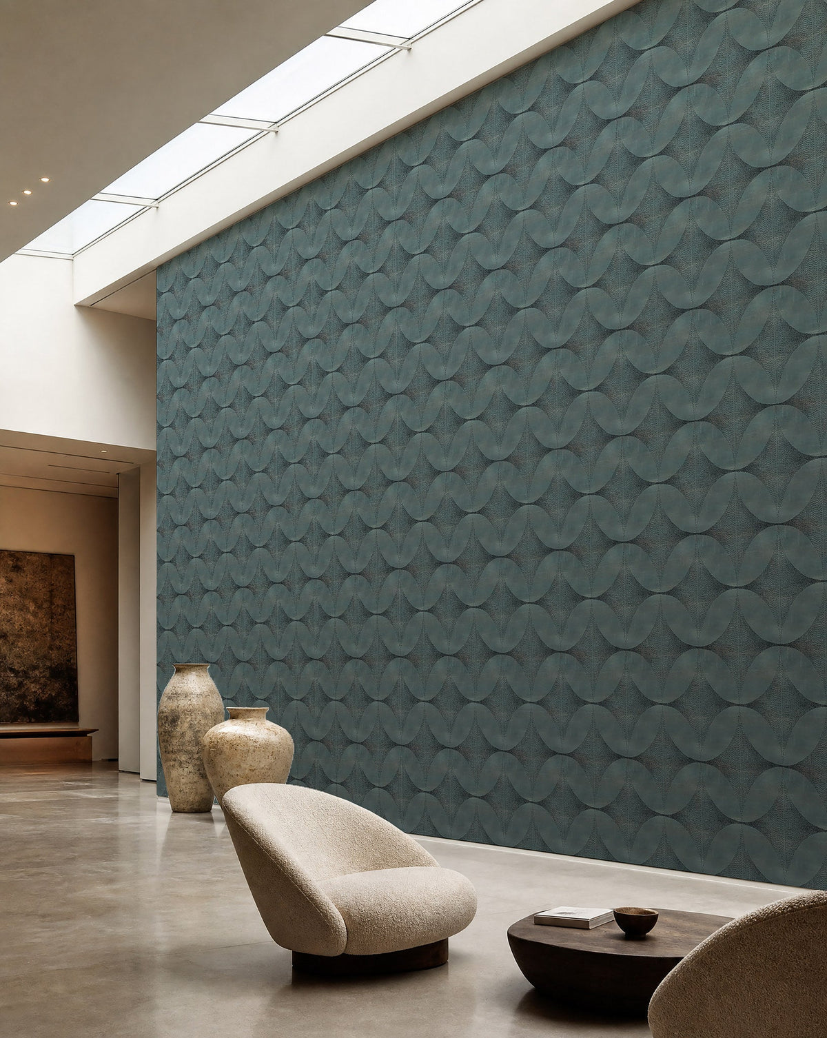 Aqua stippled petal geometric wallpaper installed in a skylit lounge