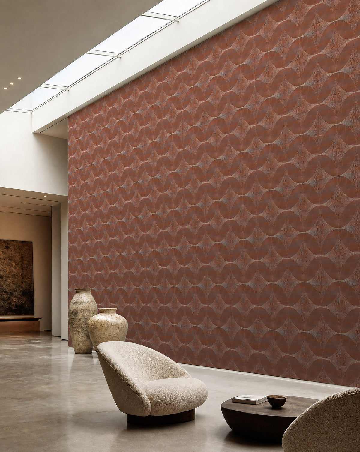 Terracotta stippled petal geometric wallpaper installed in a skylit lounge
