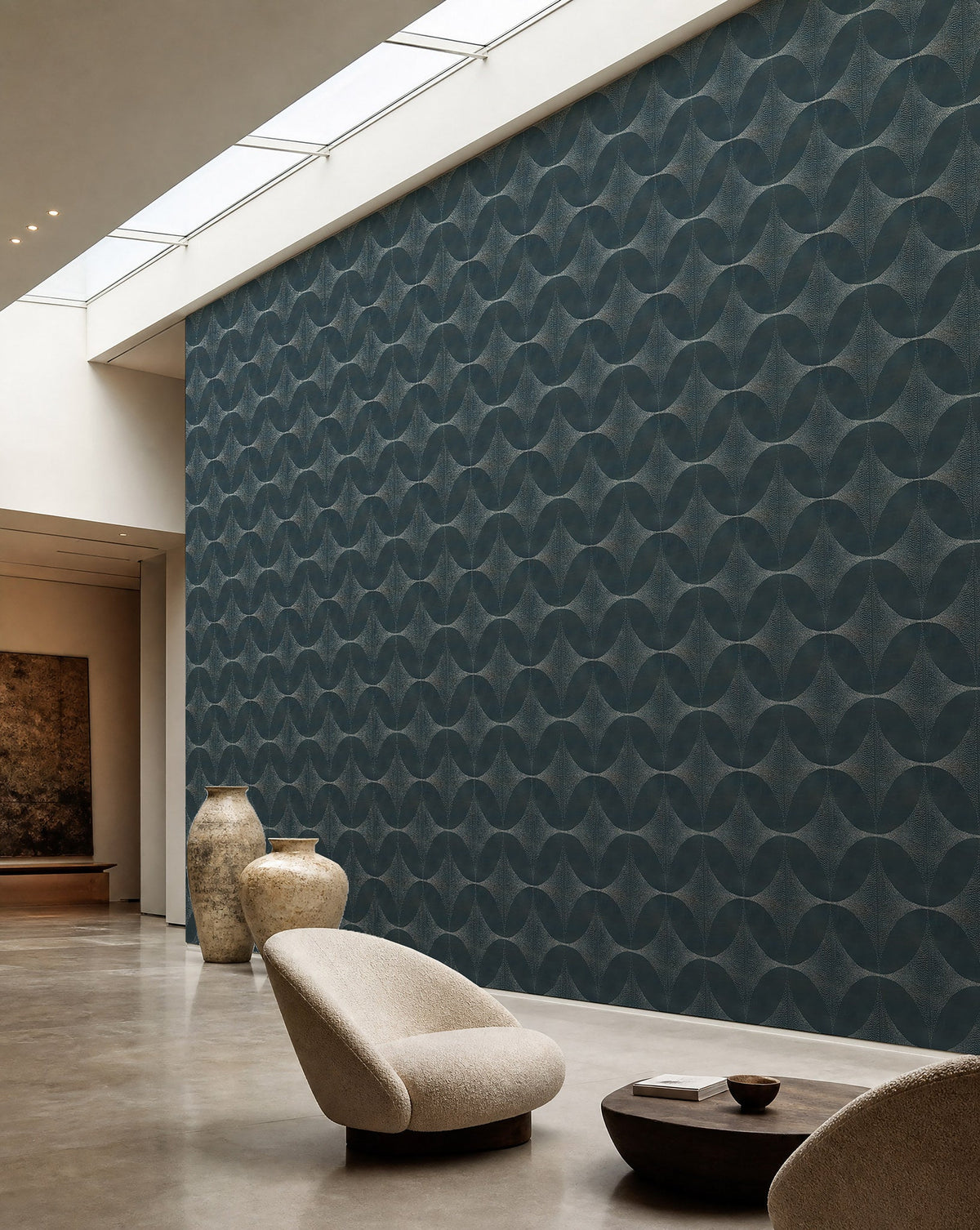 Deep teal stippled petal geometric wallpaper installed in a skylit lounge
