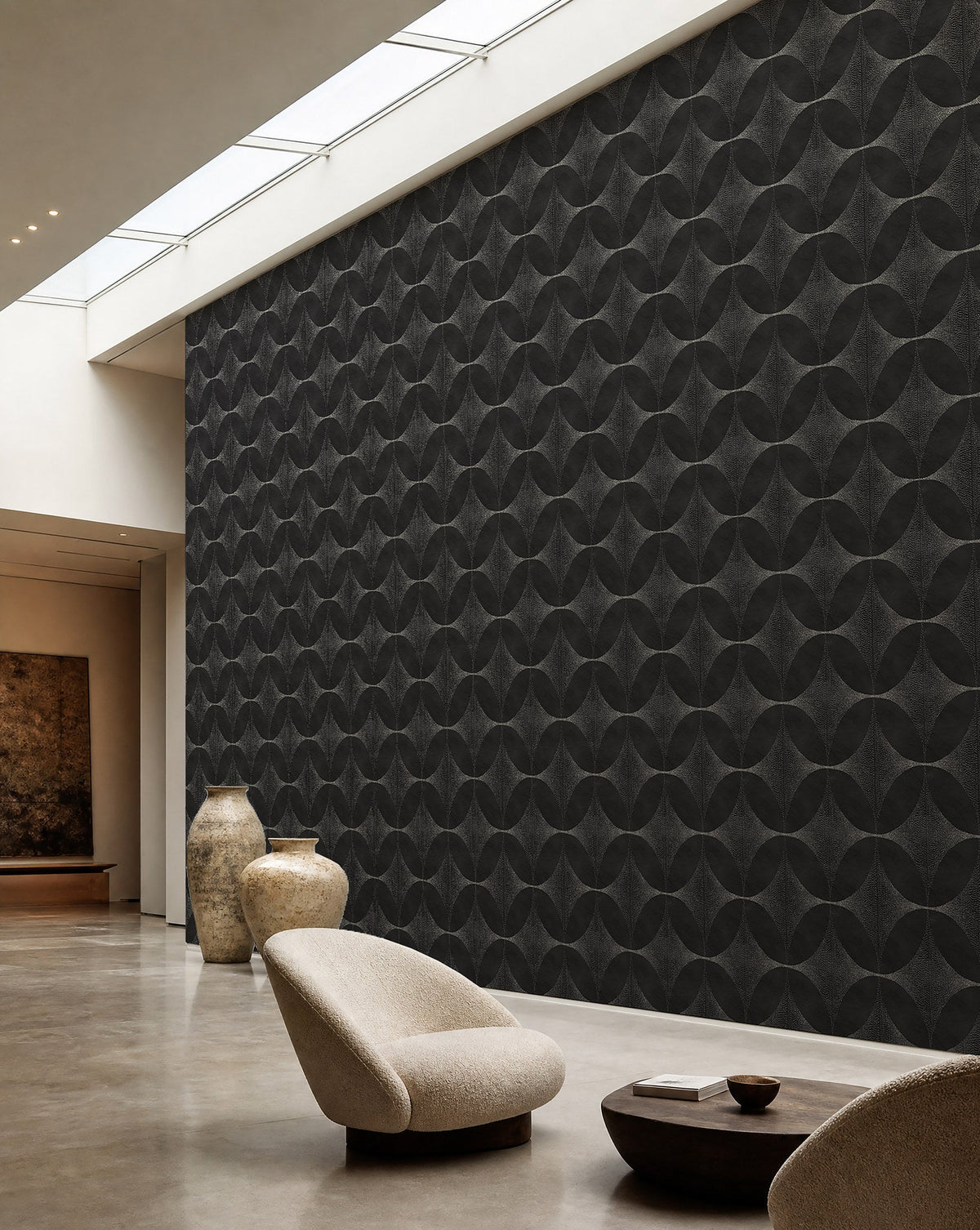 Charcoal stippled petal geometric commercial wallcovering installed in a skylit lounge