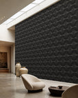 Charcoal stippled petal geometric commercial wallcovering installed in a skylit lounge