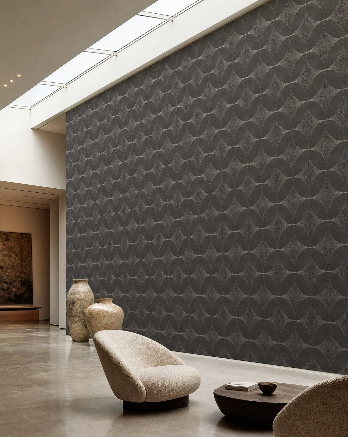 Slate gray stippled petal geometric commercial wallcovering installed in a skylit lounge