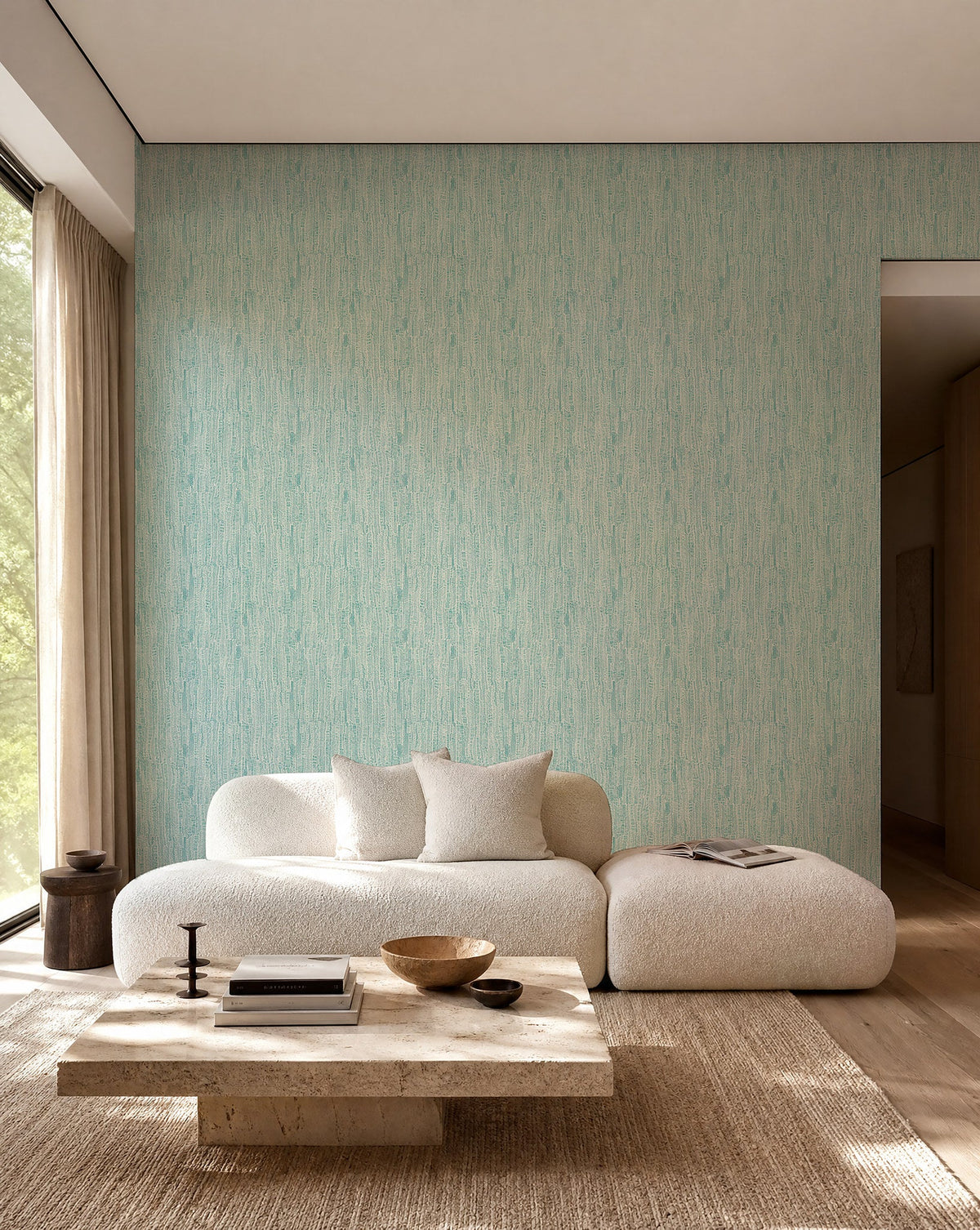 Aqua and white hand-drawn line wallpaper installed in a living room